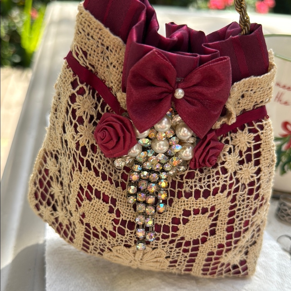Antique French Lace and satin Women's Bag wedding pouch for good luck